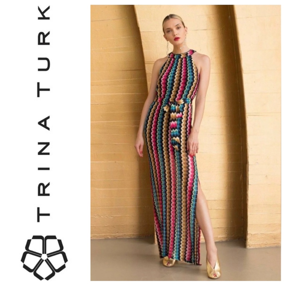 NEW Trina Turk Speakeasy Chevron Zig Zag Knit Halter Maxi 4